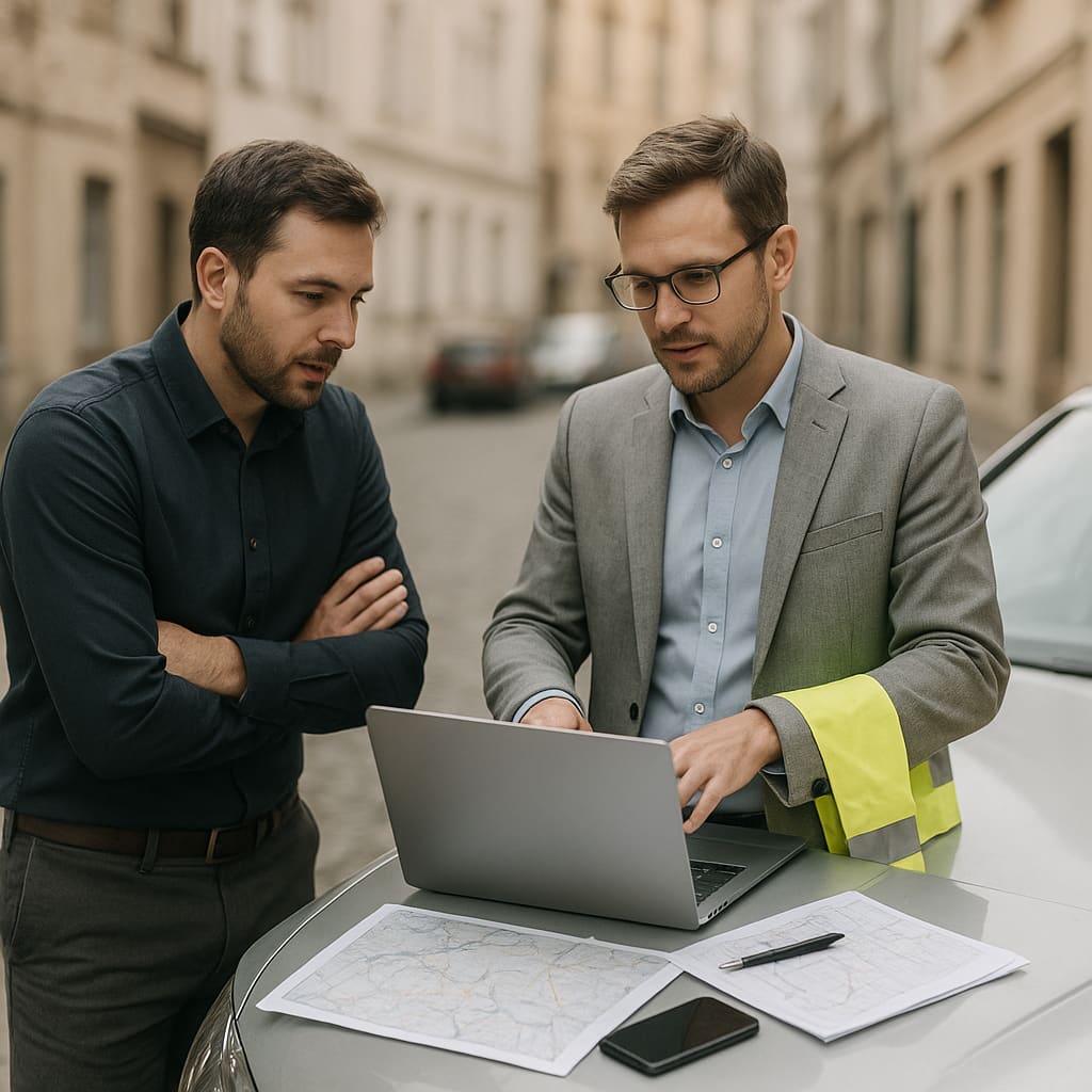 Berater und Fahrer prüfen gemeinsam eine digitale Route am Laptop neben einem Fahrzeug
