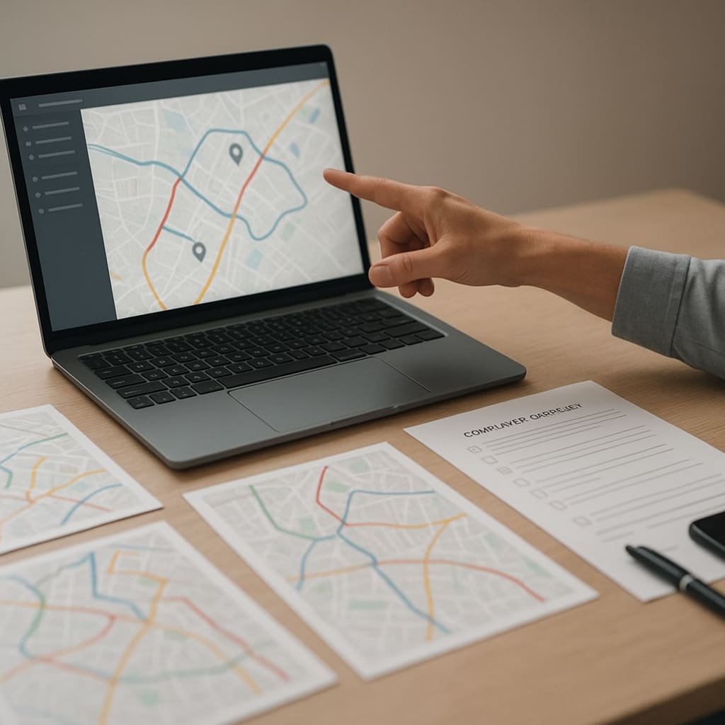 Arbeitsplatz mit Routenkarten, Laptop und Checkliste zur Planung von Maut- und Streckenanforderungen